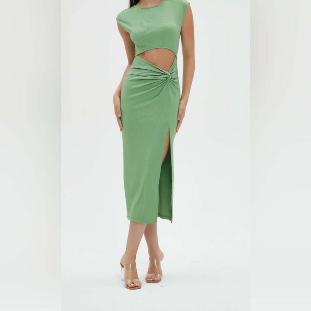 Boture M ribbed Cut-Out Twisted Midi Dress Deep Slit